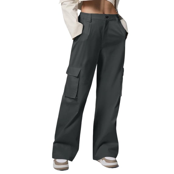 AherBiu Juniors Cargo Pants for Women Elastic Waisted Straight Leg Hiking Casual Loose Fitted Work Cargos with Multi Pockets(Medium,Gray)