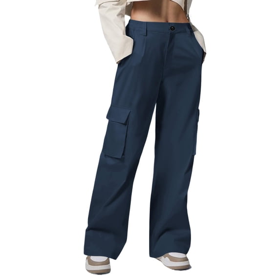 AherBiu Juniors Cargo Pants for Women Elastic Waisted Straight Leg Hiking Casual Loose Fitted Work Cargos with Multi Pockets(X-Large,Dark Blue)