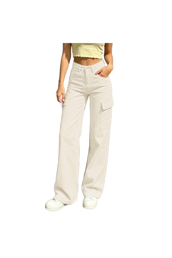 Juniors Cargo Pants for Women Straight Leg Streetwear Button Mid Rise Hiking Trousers with Multi Pockets(Small,Beige)