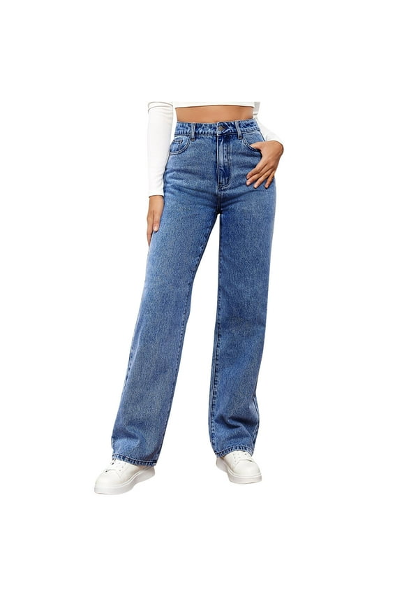 Juniors Jeans for Women Straight Leg High Waisted Streetwear Denim Pants Trousers with Pockets