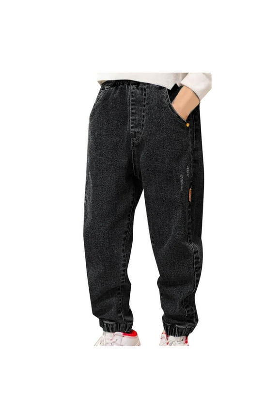 Kid Boys Clothes Fleece Lined Jeans High Waisted Thermal Warm Denim Pants Trousers with Pockets