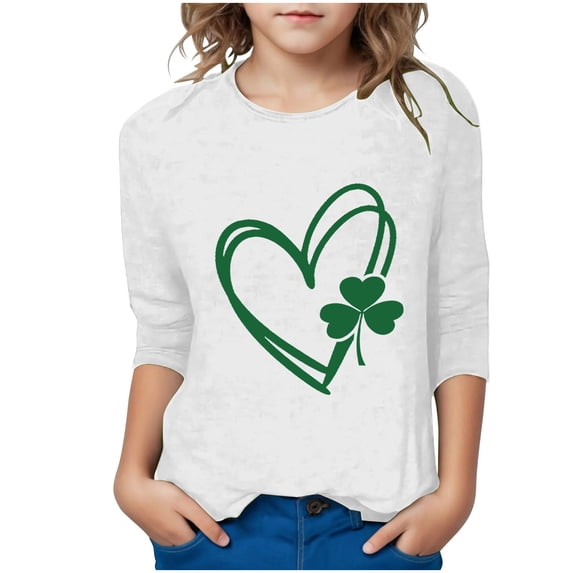 AherBiu Kid Girls Clothes 3/4 Sleeve Tops St. Patrick's Print Crewneck Summer Casual Basic Top Tees Comfy Tshirts