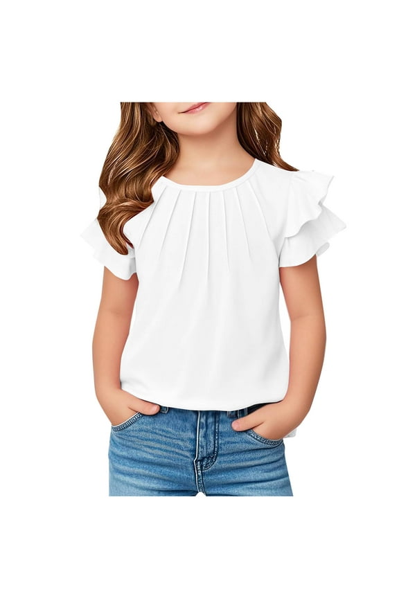 Kid Girls Clothes Crewneck Layered Ruffle Short Sleeve Summer Dressy Casual Shirt Blouse for Teens