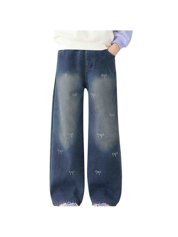 Kids Teen Girls Fleece Lined Jeans High Waisted Straight Leg Winter Fall Casual Loose Denim Pants(5-6 Years,Dark Blue)