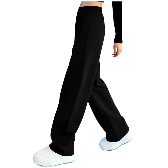 AherBiu Kids Teen Girls Sweatpants Baggy Loose Elastic High Waisted Straight Leg Casual Pants with Pockets(11-12 Years,Black)