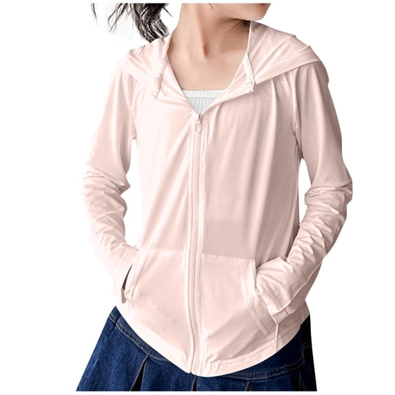 AherBiu Kids Teens Girls Athletic Jacket Sunproof Zip up Hooded Neck Lightweight Long Sleeve Sports Outwear with Pockets(11-12 Years,Pink)