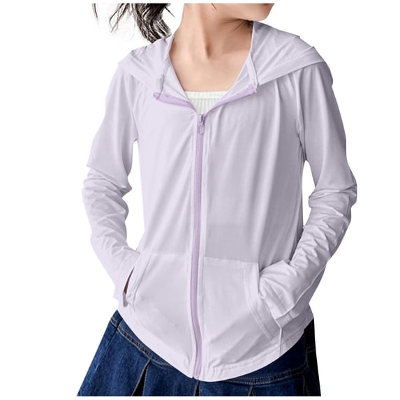 AherBiu Kids Teens Girls Athletic Jacket Sunproof Zip up Hooded Neck Lightweight Long Sleeve Sports Outwear with Pockets(9-10 Years,Purple)
