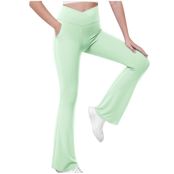 AherBiu Kids Teens Girls Yoga Flare Pants Crossover High Waisted Stretch Athletic Workout Bell Bottom Leggings