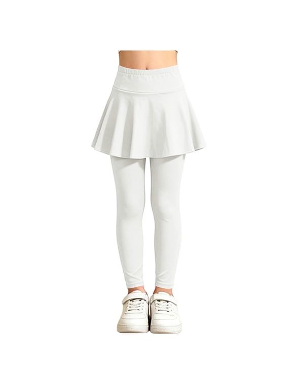 Kids Tween Girls Skirted Tennis Leggings 2 in 1 Stretch High Waisted Athletic Workout Skorts Pants(7-8 Years,White)