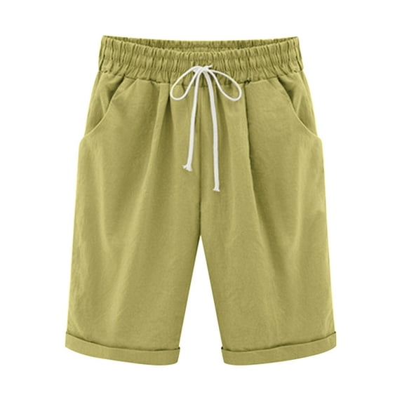 AherBiu Knee Length Shorts for Women Drawstring Elastic High Waisted Summer Lightweight Lounge Shorts
