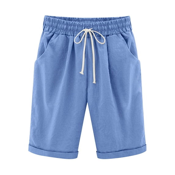 AherBiu Knee Length Shorts for Women Drawstring Elastic High Waisted Summer Lightweight Lounge Shorts