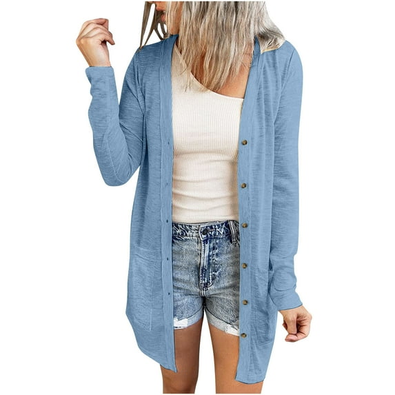 AherBiu Long Cardigans for Women Button down Open Front Cotton Lightweight Long Sleeve Outwear Jacket