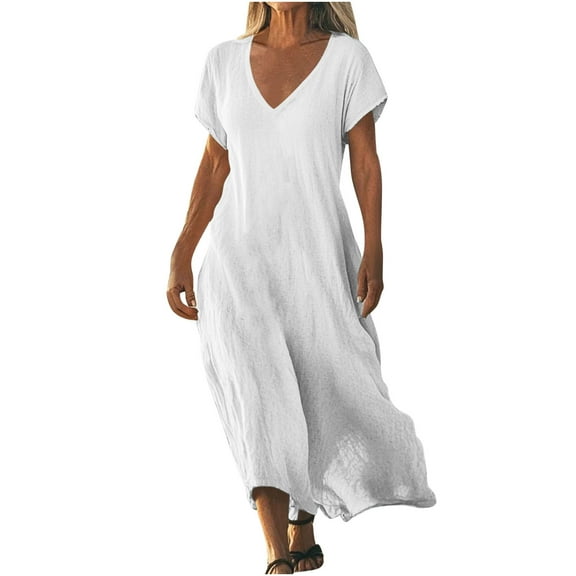 AherBiu Long Dresses for Women V Neck Short Sleeve Lightweight Casual Loose Summer Tall Dress Solid Color