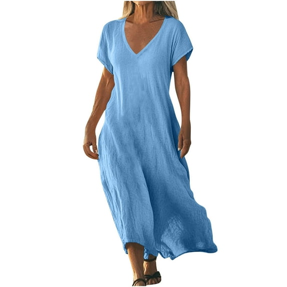 AherBiu Long Dresses for Women V Neck Short Sleeve Lightweight Casual Loose Summer Tall Dress Solid Color
