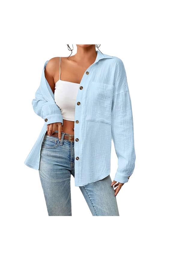 Long Sleeve Shirt for Women Button Open Front Lapel Spring Fall Casual Basic Tops Blouse