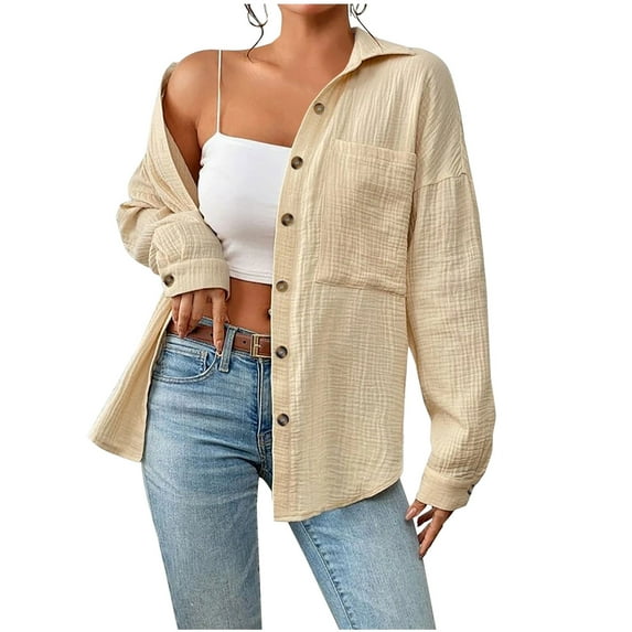 AherBiu Long Sleeve Shirt for Women Button Open Front Lapel Spring Fall Casual Basic Tops Blouse