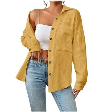 AherBiu Long Sleeve Shirt for Women Button Open Front Lapel Spring Fall Casual Basic Tops Blouse