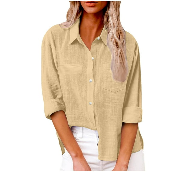AherBiu Long Sleeve Shirts for Women Button down Lapel V Neck Cotton Linen Tops Lightweight Blouse