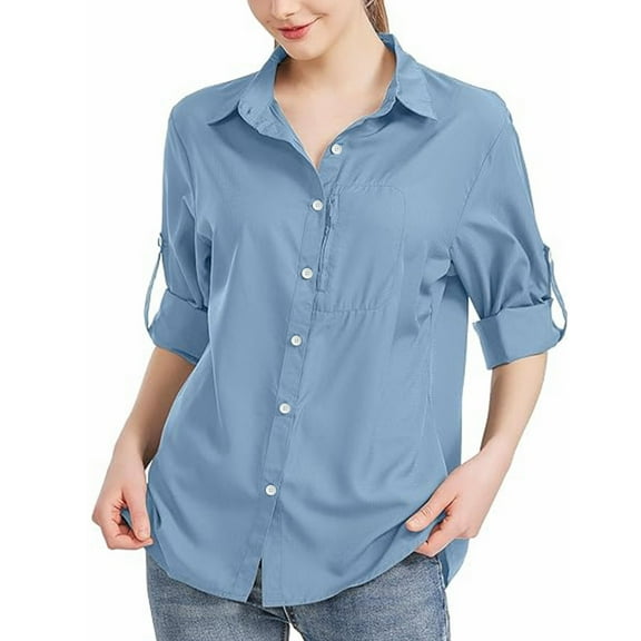 AherBiu Long Sleeve Shirts for Women Button down Lapel V Neck Tops Office Ladies Business Casual Blouse