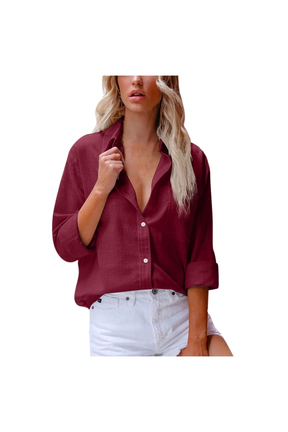 Long Sleeve Shirts for Women Cotton Linen Button Lapel Open Front Lightweight Tops Blouse