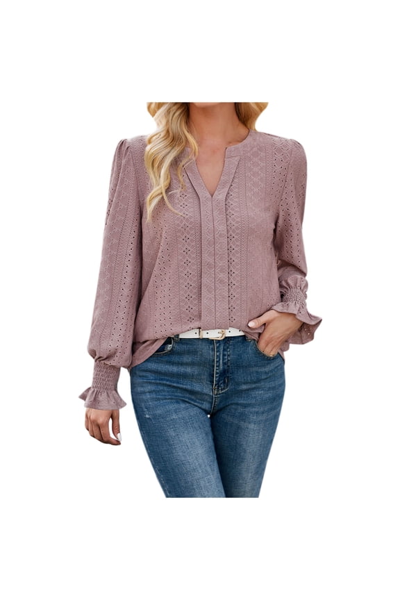 Long Sleeve Shirts for Women Dressy Casual Tops V Neck Elastic Cuff Loose Formal Blouse