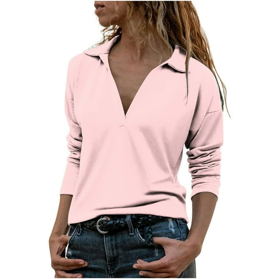 AherBiu Long Sleeve Shirts for Women Lapel V Neck Business Casual Loose Tops Solid Color Blouse
