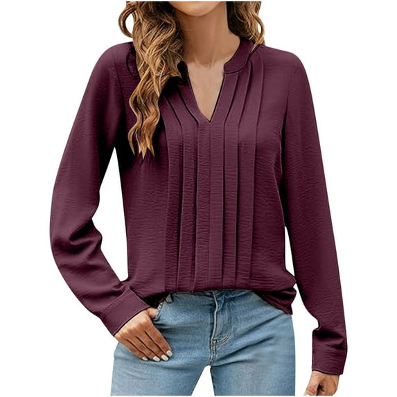 AherBiu Long Sleeve Shirts for Women Notch V Neck Business Casual Tops Loose Basic Work Blouse
