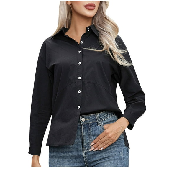 AherBiu Long Sleeve Shirts for Women Plus Size Formal Tops Button down Lapel V Neck Basic Business Blouse