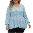 thumbnail image 1 of AherBiu Long Sleeve Shirts for Women Ribbed Ruffle V Neck Ruched Loose Spring Fall Tops Blouse Pullover, 1 of 5
