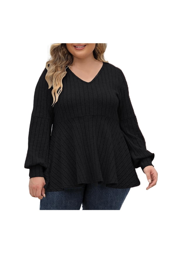 Long Sleeve Shirts for Women Ribbed Ruffle V Neck Ruched Loose Spring Fall Tops Blouse Pullover