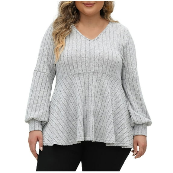 AherBiu Long Sleeve Shirts for Women Ribbed Ruffle V Neck Ruched Loose Spring Fall Tops Blouse Pullover