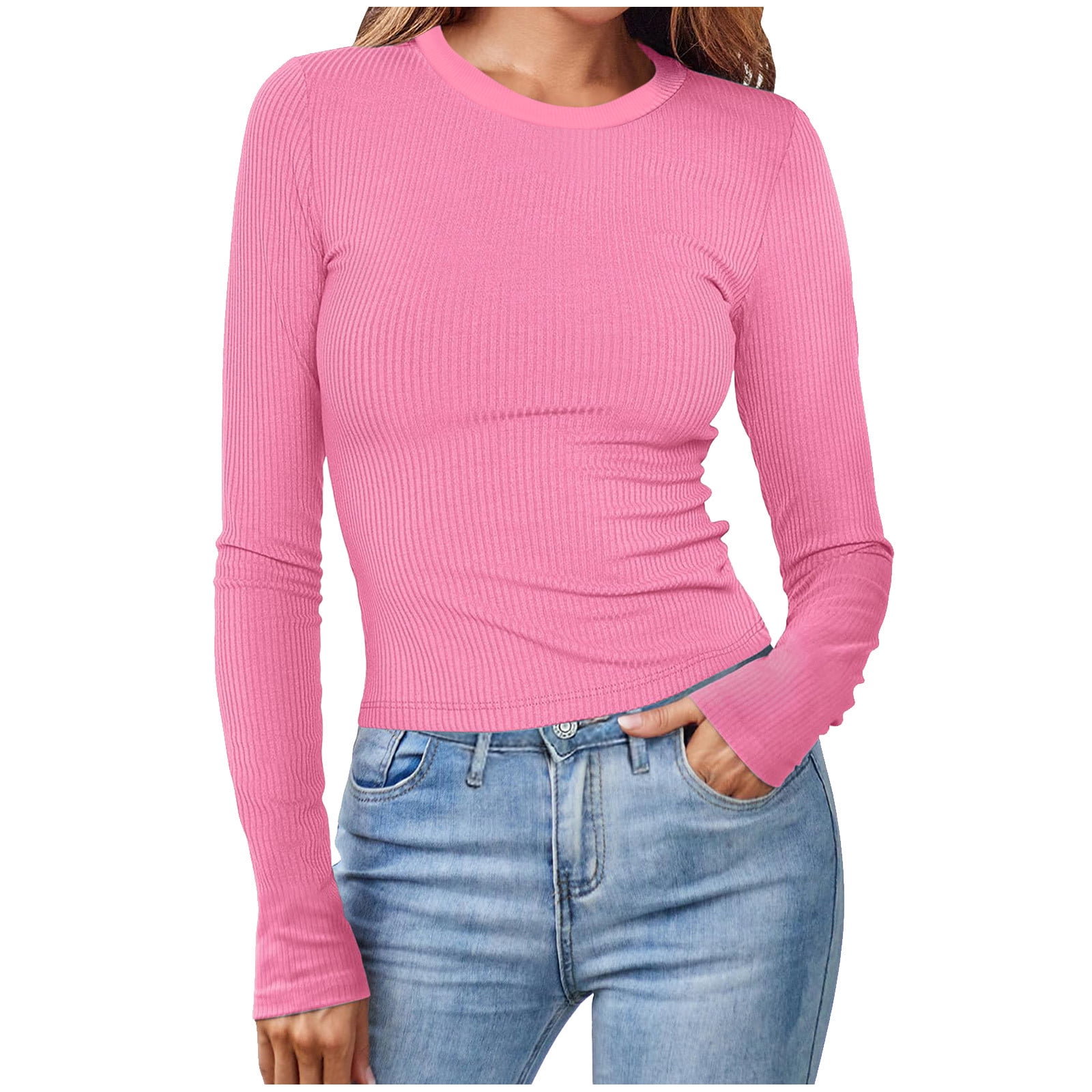 AherBiu Long Sleeve Shirts for Women Ribbed Undershirt Crewneck Slim