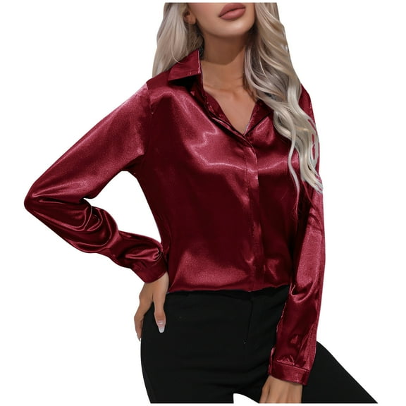 AherBiu Long Sleeve Shirts for Women Satin Button Lapel V Neck Ladies Business Blouse Work Tops