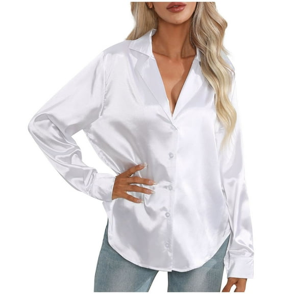 AherBiu Long Sleeve Shirts for Women Satin Button Lapel V Neck Ladies Business Blouse Work Tops