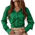 thumbnail image 1 of AherBiu Long Sleeve Shirts for Women Satin Tops Dressy Button down Lapel V Neck Ruched Ladies Blouse, 1 of 6