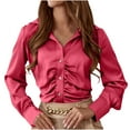 thumbnail image 1 of AherBiu Long Sleeve Shirts for Women Satin Tops Dressy Button down Lapel V Neck Ruched Ladies Blouse, 1 of 6