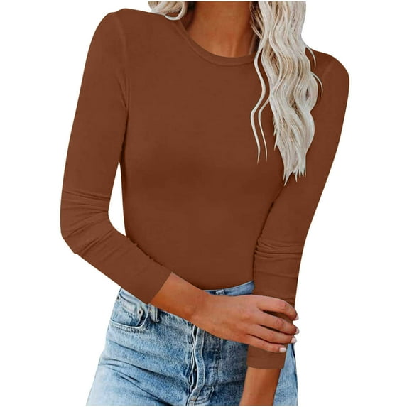AherBiu Long Sleeve Shirts for Women Undershirt Crewneck Comfy Basic Layer Tops Blouse Solid Color