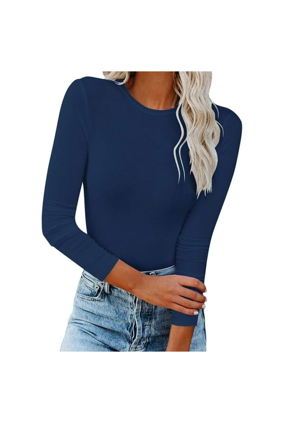 Long Sleeve Shirts for Women Undershirt Crewneck Comfy Basic Layer Tops Blouse Solid Color