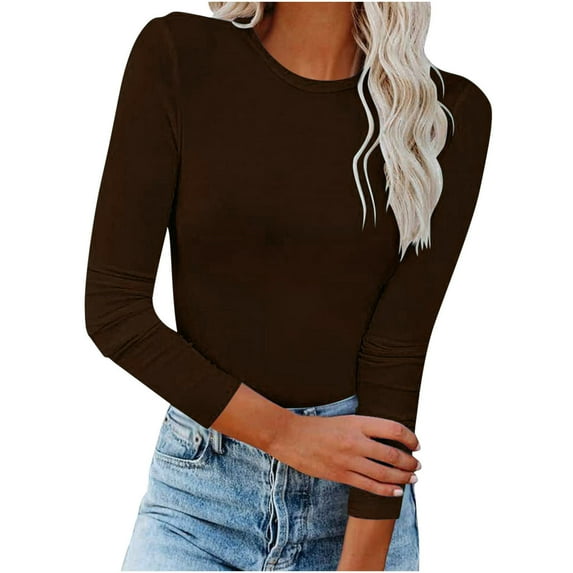 AherBiu Long Sleeve Shirts for Women Undershirt Crewneck Comfy Basic Layer Tops Blouse Solid Color