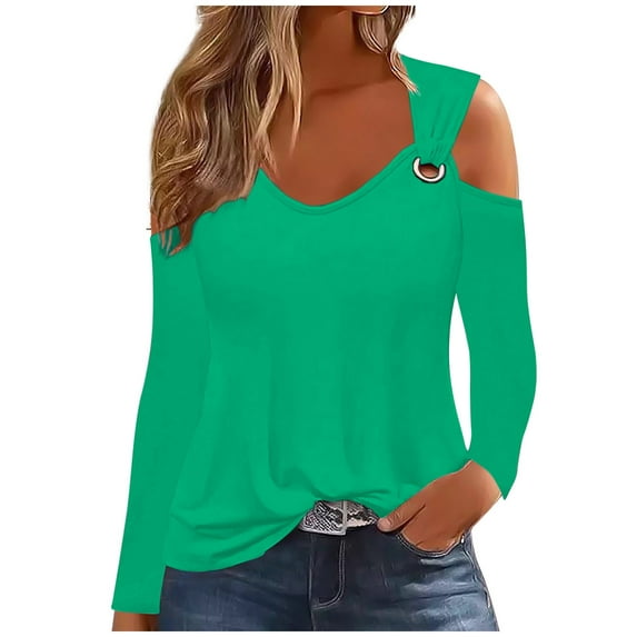 AherBiu Long Sleeve Shirts for Women off Shoulder Scoop Neck Pullover Fall Spring Tops Blouse Solid Color