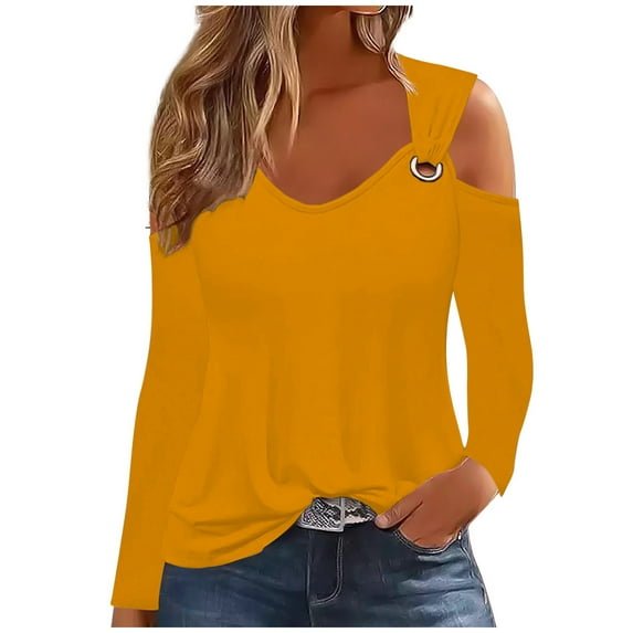 AherBiu Long Sleeve Shirts for Women off Shoulder Scoop Neck Pullover Fall Spring Tops Blouse Solid Color