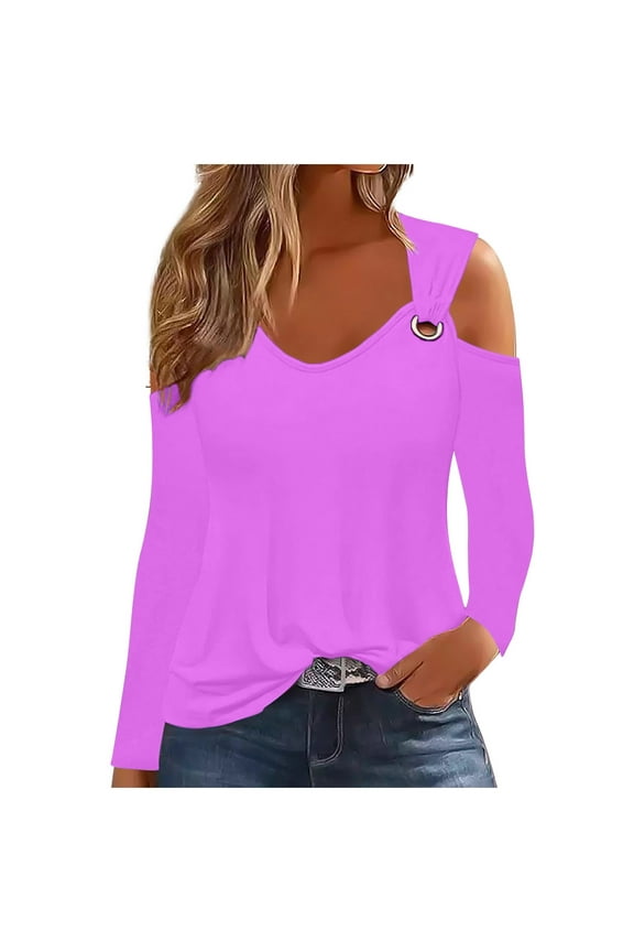 Long Sleeve Shirts for Women off Shoulder Scoop Neck Pullover Fall Spring Tops Blouse Solid Color