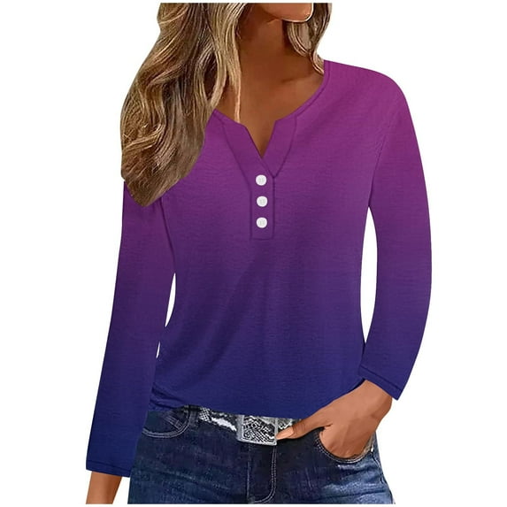 AherBiu Long Sleeve Tops for Women Button Notch V Neck Gradient Color Comfy T Shirts Blouse Tees