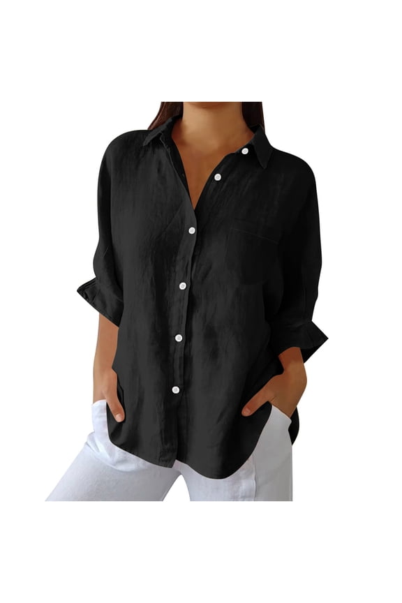 Long Sleeve Tops for Women Button down Shirts Cotton Linen Lapel V Neck Lightweight Summer Blouse