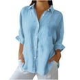 thumbnail image 1 of AherBiu Long Sleeve Tops for Women Button down Shirts Cotton Linen Lapel V Neck Lightweight Summer Blouse, 1 of 6