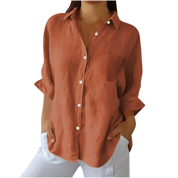 AherBiu Long Sleeve Tops for Women Button down Shirts Cotton Linen Lapel V Neck Lightweight Summer Blouse
