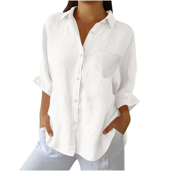 AherBiu Long Sleeve Tops for Women Button down Shirts Cotton Linen Lapel V Neck Lightweight Summer Blouse