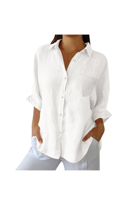 Long Sleeve Tops for Women Button down Shirts Cotton Linen Lapel V Neck Lightweight Summer Blouse