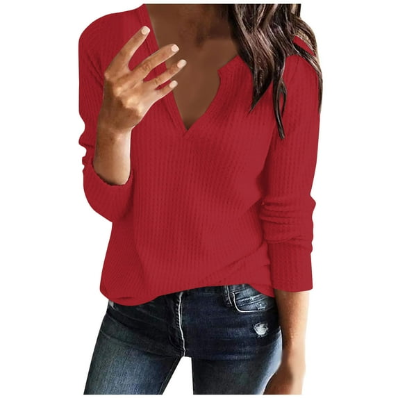 AherBiu Long Sleeve Tops for Women Comfy Notch V Neck Basic Layer Winter Pullover Sweater Tops Solid Color