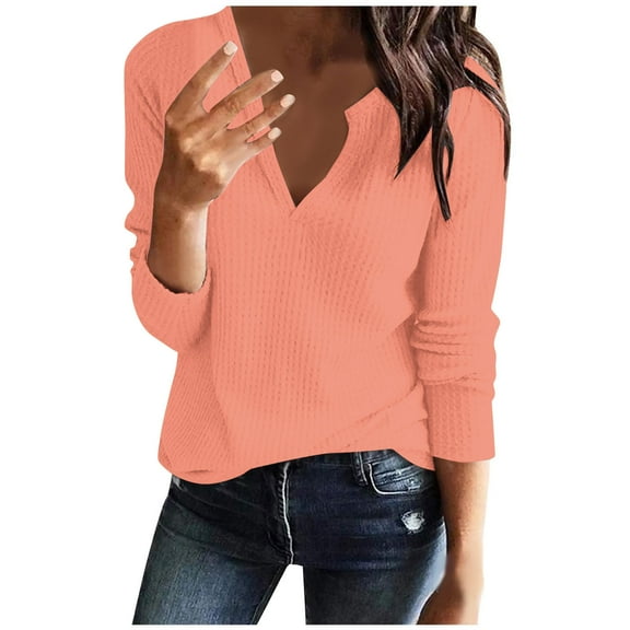 AherBiu Long Sleeve Tops for Women Comfy Notch V Neck Basic Layer Winter Pullover Sweater Tops Solid Color